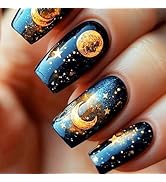 Stars Sky Press on Nails Moon Gel Glue on Nail Universe Acrylic Medium Square Fake Nail 24Pcs Glo...