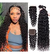 Water Wave Bundles with Closure Human Hair(20 22 24+18,Free Part)10A Brazilian Virgin Hair Bundle...