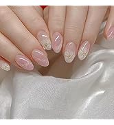 Press on Nails Pink Almond Shaped Short Oval Fake Nails with Gold Glitter Flower Sweet Designs Ac...