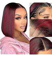 KEUET Burgundy and Black Bob Wig Human Hair 8 Inch 13x4 Short Red Ombre HD Lace Front Human Hair ...