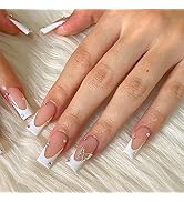 Press on Nails Medium Square MABKJLF French Tip Fake Nails Full Cover Pink False Nails with Butte...