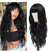 Black Wig with Bangs Long Wavy Black Wigs for Women 26Inch Synthetic Natural Looking Hair Replace...