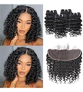 Deep Wave 4 Bundles with 13x6 Frontal Human Hair 100% Brazilian Virgin Human Hair Bundles with Fr...