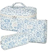 senbowe Floral Makeup Bag, 3 Pack Large Cotton Quilted Makeup Bag Set, Cute Floral Coquette Aesth...