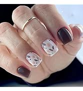24 Pcs White Press on Nails Short Square - BHLFRH Brown Fake Nails Press ons with Flowers Designs...