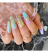 10 Pcs Butterfly Handmade Press on Nails for Women Girls,Glossy Colorful Long Coffin Aesthetic Ge...