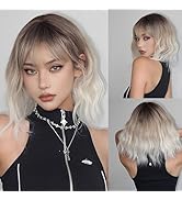 Allbell Short Ombre Blonde Wigs Wavy Bob Wig with Bangs Women Synthetic Curly Pastel Bob Wig for ...