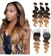 Kapelli Hair 10A Ombre Human Hair Bundles With Closure Ombre Brazilian Hair Body Wave (T1B/4/27,1...