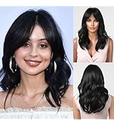 Allbell Black Wigs for Women Short Wavy Bob Wig with Bangs for Women Synthetic Short Curly Wave W...