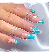 24 Pcs Pink Press on Nails Square Coffin - BHLFRH Fake Nails Press ons Blue Butterfly French Desi...