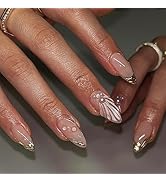 Sparkly 3D Shells Press on Nails 3D Gold Curve Line False Nails Ocean Gel Glue on Nails Glossy Pi...