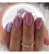 24 Pcs Pink Press on Nails Medium Square - BHLFRH Fake Nails Press ons Roland Purple Glitter Ripp...
