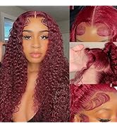 Jefuzh 20 inches 99j Burgundy Lace Front Wigs Human Hair 200% Density 13x4 HD Transparent Burgund...