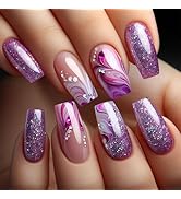24Pcs Purple Curve Line Press on Nails Rhinestones Acrylic Medium Square Fake Nail Glossy Red Gra...