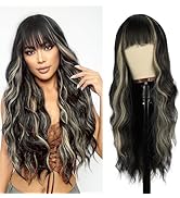 Vomella Black Mix Blonde Wig With Bangs 26 Inch Long Curly Wavy Wigs for Women Natural Looking Sy...