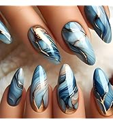Sparkly Curve Line Press on Nails Blue Gradient Acrylic Medium Almond Fake Nail Marble Stick on F...