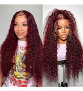 99j Burgundy 13x5 Deep Wave HD Lace Front Wigs Human Hair Pre Plucked Colored Curly Human Hair Wi...