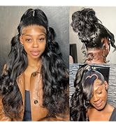 Annarily 28 Inch Body Wave Lace Front Wigs Human Hair 180 Density, 360 HD Transparent Lace Fronta...