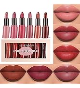 Dark Red Matte Lipsticks Set, 6Pcs Curved Lip Glaze Long Lasting Waterproof Velvet Lip Gloss, Nud...