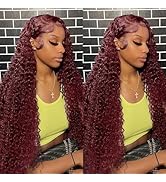 99J Burgundy Water Wave Lace Front Wigs Human Hair 13x4 180% Density Transparent Lace Frontal Wig...