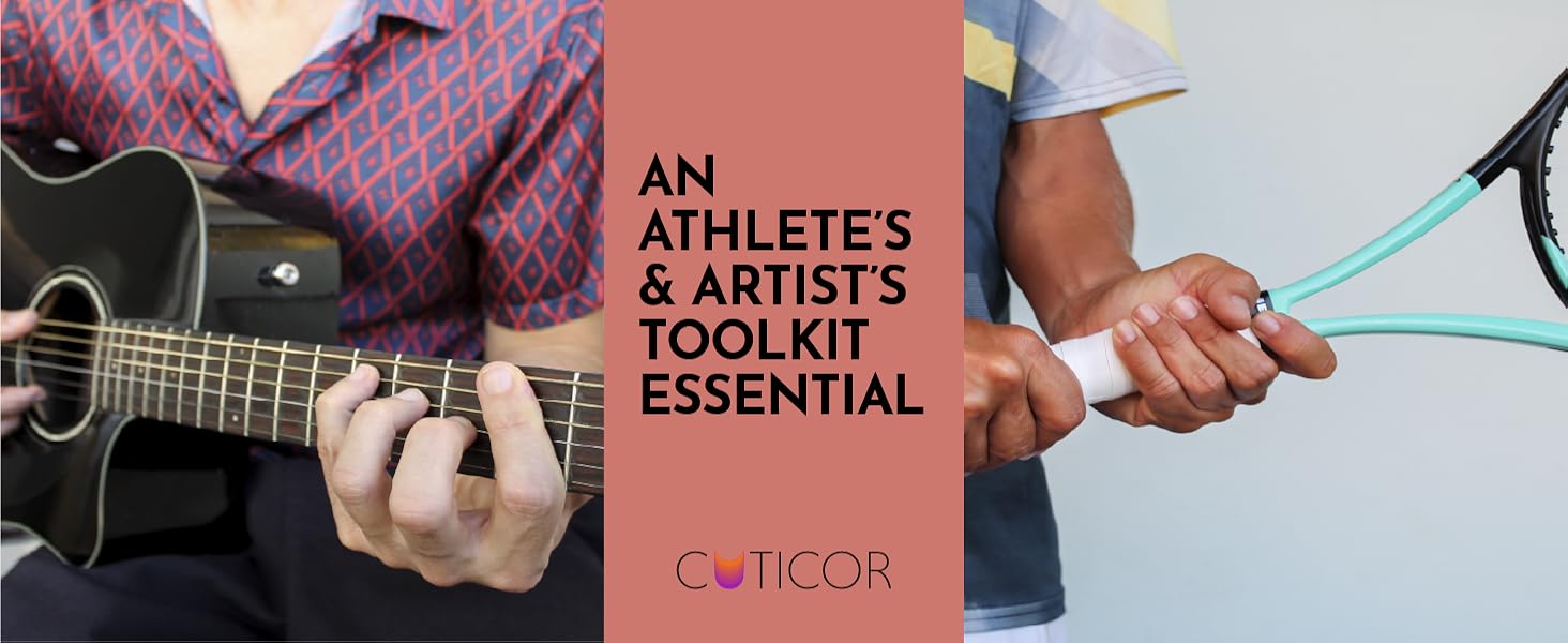 A person strums a guitar and a person holds a racket, separated by black text and a coral background
