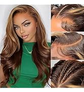 Brown with Blonde Highlight Lace Front Wigs Human Hair 9x6 HD Chocolate Brown Lace Front Wig 180%...
