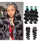 ALLRUN Body Wave 3 Bundles with Closure 100% Unprocessed Brazilian Body Wave Human Hair Bundles w...