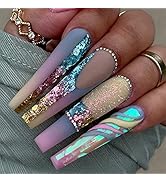 Extra Long Press on Nails Coffin Fake Nails Full Cover False Nails with Colorful Sequins Designs ...