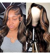 CHUDI 210% Density HD Lace Front Wigs Human Hair 1B/30 Black Brown Highlight Ombre Body Wave Wig ...