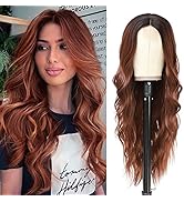 HMHIFI Long Auburn Wig 26 Inch Wavy Curly Hair Wigs for Women Upgraded Protein Fiber Middle Part ...