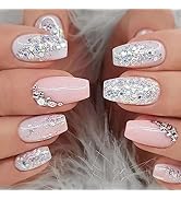 Press on Nails Coffin Medium Length False Nails with Silver Glitter Designs White Silver Full Cov...