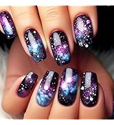 24Pcs Stars Sky Press on Nails Purple Gradient Acrylic Medium Square Fake Nail Universe Gel Glue ...