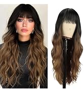 Vomella Black to Brown Wig With Bangs 26 Inch Long Curly Wavy Wig for Women Natural Looking Synth...