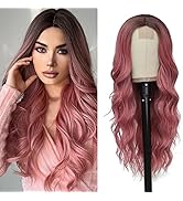 HMHIFI Long Wavy Pink Wig for Women 26 inch Curly Middle Part Ombre Hair Wig Natural Looking Upg...