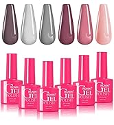 RONIKI 6 Colors Gel Nail Polish Set - Dark Purple Light Gray Nude Peach Pink, Gel Polish Kit Soak...