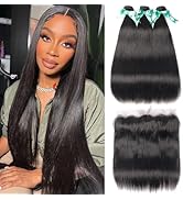 ALLRUN Bundles with Frontal Straight Hair(20 20 20+18)3 Bundles with Lace Frontal 13x4 Ear To Ear...