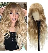 Vomella Blonde Wig With Bangs 26 Inch Long Curly Wavy Wigs for Women Natural Looking Synthetic He...