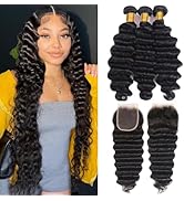 Loose Deep Wave Bundles with Closure(20 22 24+18 Inch,Free Part)100% Raw Human Hair Pre Plucked w...
