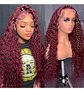 99J Burgundy Water Wave Lace Front Wigs Human Hair 13x4 180% Density Transparent Lace Frontal Wig...