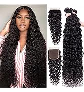 Water Wave Bundles with Closure Human Hair(20 22 24 26+18,Free Part)10A Brazilian Virgin Hair Bun...