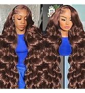 Tiwugi 34 Inch Brown Body Wave Wig Human Hair Pre Plucked 13x6 Frontal Wigs Human Hair 180% Densi...
