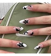 Press on Nails Medium Almond French Tip Fake Nails Full Cover False Nails with Black Stars Design...