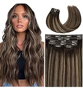 Anrosa PU Weft Clip Ins Real Hair Extensions Balayage Dark Brown to Chestnut Brown Natural Roots ...