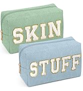 MAGEFY Makeup Bag Corduroy 2 Pcs Cosmetic Bags for Women Preppy Small Makeup Bag with Chenille Le...