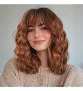 XIXIBI Auburn Wigs for Women Bob Wig with Bangs Short Curly Synthetic Wigs Shoulder Length Wigs W...