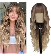 Blonde Wig with Bangs Long Wavy Ombre Blonde Wigs for Women 26Inch Synthetic Natural Looking Hair...
