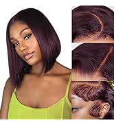 KEUET Dark Burgundy Bob Human Hair Wig 8 Inch 13x4 Dark Purple Bob HD Lace Front Wig Pre Plucked ...