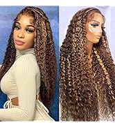 htsly Highlight Ombre Lace Front Wig Human Hair Pre Plucked 13x6 Honey Blonde Water Wave HD Lace ...