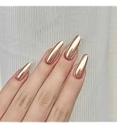Gold Chrome Press on Nails Medium Almond, MABKJLF Mirror Metal Stiletto Fake Nails Acrylic Nails ...