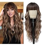 Brown Mixed Blonde Wig with Bangs Long Blonde Highlight Wavy Wigs for Women Ombre Brown Synthetic...